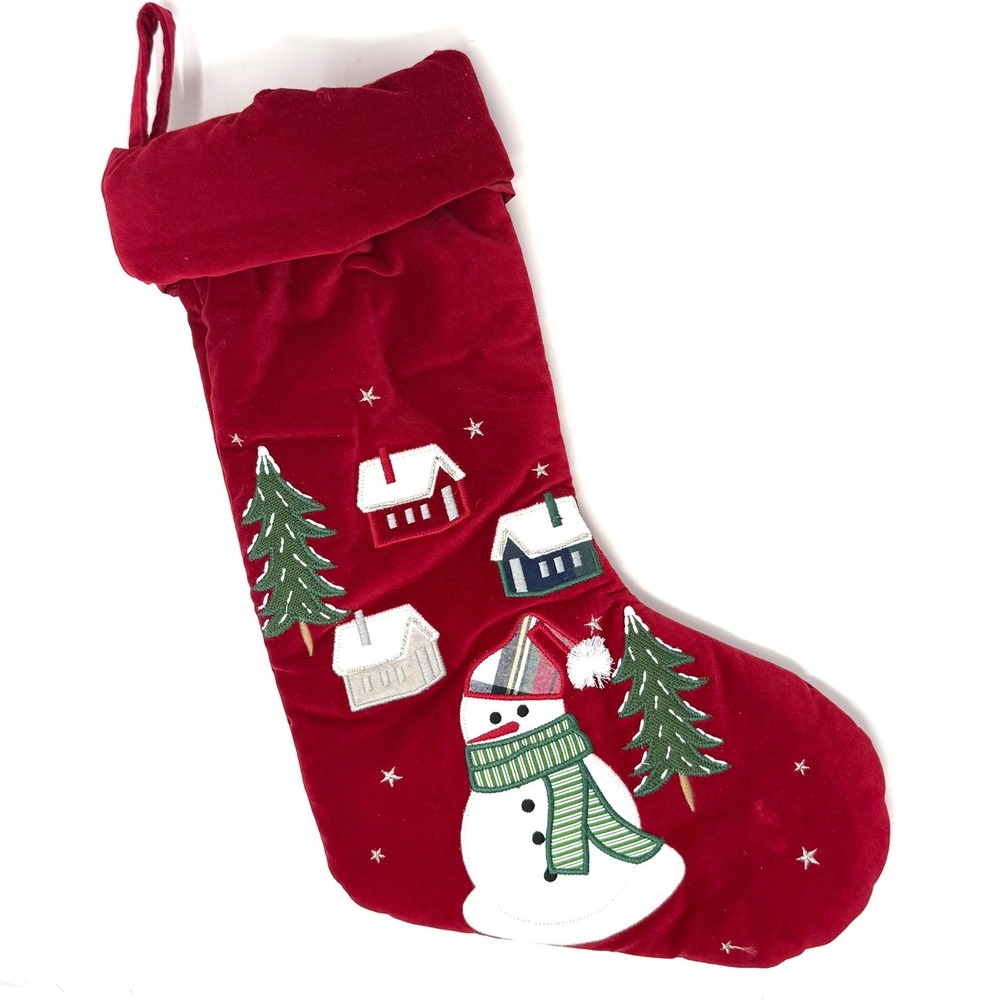 Pottery Barn Kids Red Velvet Christmas Stocking Snowman Winter Village 20in